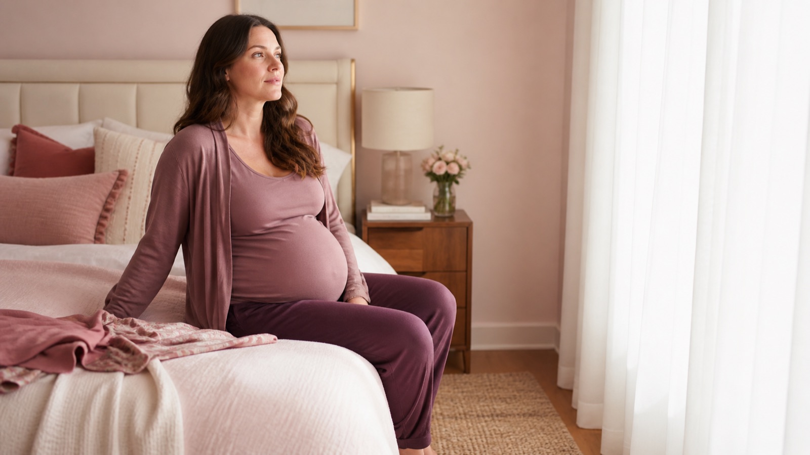 A pregnant woman pauses on the edge of a sunlit bed, one hand resting on the bedframe, while getting dressed.