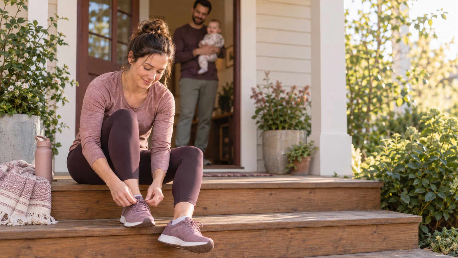 A woman in a rose top and leggings sits on wooden porch steps tying her running shoe, while her partner holds their baby in the doorway behind her.