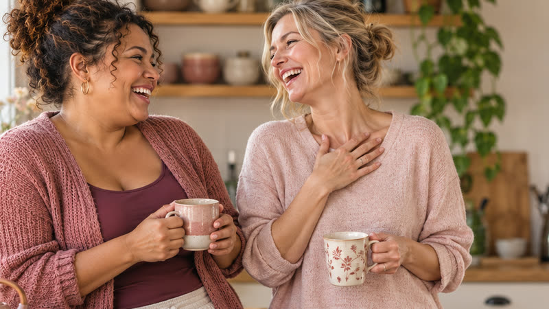 Two women laugh together in a bright kitchen, each holding a mug, one resting a hand on her chest.