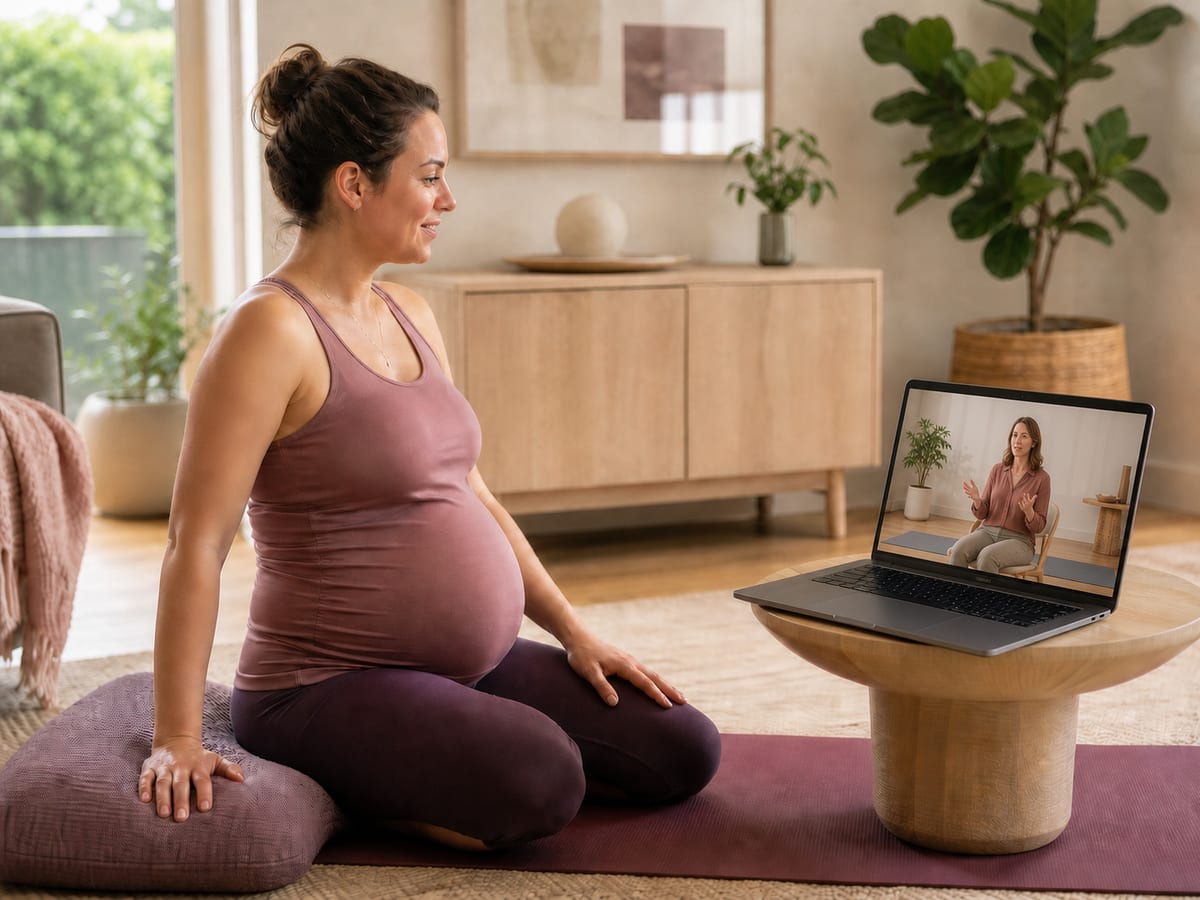 A pregnant woman sitting on a cushion at home, following a guided session on a laptop.