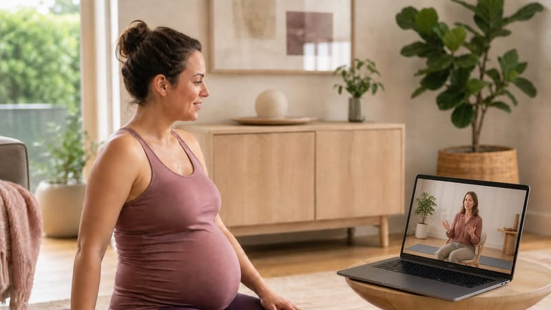 A pregnant woman sitting on a cushion at home, following a guided session on a laptop.