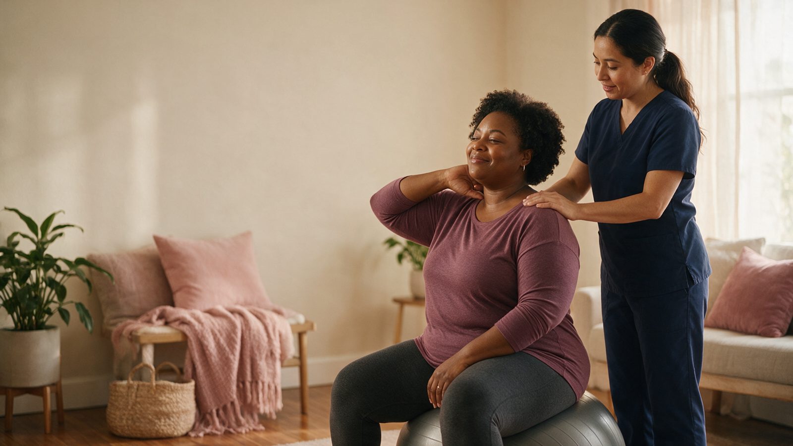 A physiotherapist in navy scrubs rests a hand on the shoulder of a smiling woman sitting on an exercise ball as she stretches her neck in a bright living room.