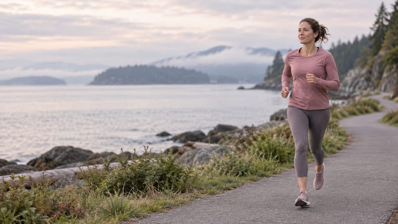 A woman running on a paved seaside path beside the sea on an overcast morning.